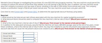 Wendell's Donut Shoppe is investigating the purchase of a new $33,000 donut-making machine. The new machine would permit the
company to reduce the amount of part-time help needed, at a cost savings of $5,700 per year. In addition, the new machine would
allow the company to produce one new style of donut, resulting in the sale of 1,100 dozen more donuts each year. The company
realizes a contribution margin of $2.60 per dozen donuts sold. The new machine would have a six-year useful life.
Click here to view Exhibit 12B-1 and Exhibit 12B-2, to determine the appropriate discount factor(s) using tables.
Required:
1. What would be the total annual cash inflows associated with the new machine for capital budgeting purposes?
2. What discount factor should be used to compute the new machine's internal rate of return? (Round your answers to 3 decimal
places.)
3. What is the new machine's internal rate of return? (Round your final answer to the nearest whole percentage.)
4. In addition to the data given previously, assume that the machine will have a $10,855 salvage value at the end of six years. Under
these conditions, what is the internal rate of return? (Hint: You may find it helpful to use the net present value approach; find the
discount rate that will cause the net present value to be closest to zero.) (Round your final answer to the nearest whole percentage.)
1. Annual cash inflows
2. Discount factor
3. Internal rate of return
%
4. Internal rate of return
%