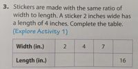 3. Stickers are made with the same ratio of
width to length. A sticker 2 inches wide has
a length of 4 inches. Complete the table.
(Explore Activity 1)
Width (in.)
2
4
7
Length (in.)
16
