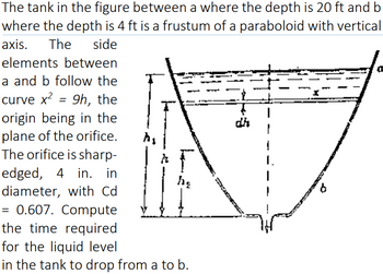 The tank in the figure between a where the depth is 20 ft and b
where the depth is 4 ft is a frustum of a paraboloid with vertical
side
axis.
The
elements between
a and b follow the
curve x² = 9h, the
origin being in the
plane of the orifice.
The orifice is sharp-
edged, 4 in. in
diameter, with Cd
= 0.607. Compute
the time required
for the liquid level
he
in the tank to drop from a to b.
6