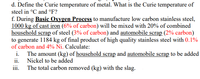 During the Basic Oxygen Process to manufacture low carbon stainless steel, 1000 kg of cast iron (containing 6% carbon) will be mixed with 20% of a combined weight of household scrap steel (containing 3% carbon) and automobile scrap (containing 2% carbon) to generate 1184 kg of a final product of high-quality stainless steel with 0.1% carbon and 4% Ni. Calculate:

i. The amount (kg) of household scrap and automobile scrap to be added.

ii. Nickel to be added.

iii. The total carbon removed (kg) with the slag.