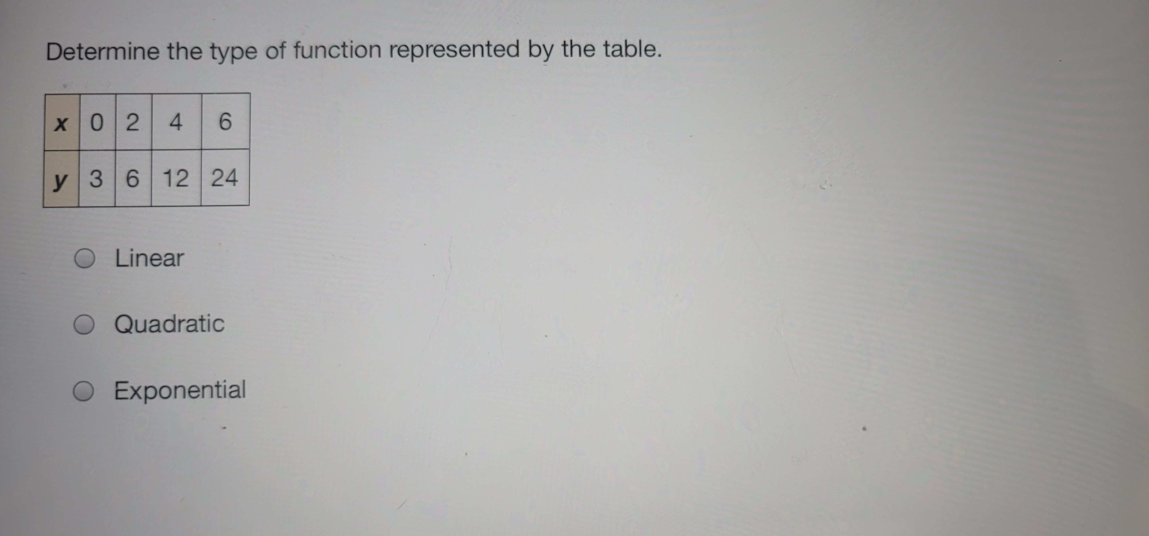 **Determine the Type of Function Represented by the Table**

The table below shows the relationship between the variables \( x \) and \( y \).

| \( y \) | 3  | 6  | 12 | 24 |
|---------|----|----|----|----|
| \( x \) | 0  | 2  | 4  | 6  |

Please select the type of function that best represents the relationship between \( x \) and \( y \):

- \( \bigcirc \) Exponential
- \( \bigcirc \) Quadratic
- \( \bigcirc \) Linear

Analyze the given data and choose the correct option.