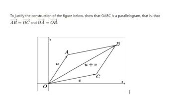 To justify the construction of the figure below, show that OABC is a parallelogram, that is, that
AB-OC and OA- OB.
=
A
O
u
ข
u+v
C
B
X
|