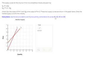 The supply curves for the only two firms in a competitive industry are given by:
S?: P=2Q?
S2: P=2+Q2,
where Q? is the output of firm 1 and Q2 is the output of firm 2. These two supply curves are shown in the graph below. Draw the
market supply curve for this industry.
Instructions: Use the tool provided to plot 4 price-quantity combinations for prices $0, $2, $4 and $6.
?
Market Supply
Price
7
6
5
4
3
2
1
0
1
2
S?
3
S??
4
Quantity
5
6
7
8
Tools
line tool