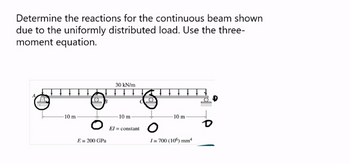 Determine the reactions for the continuous beam shown
due to the uniformly distributed load. Use the three-
moment equation.
-10 m
E = 200 GPa
30 kN/m
-10 m-
El = constant
10 m
O
I=700 (106) mm4
D