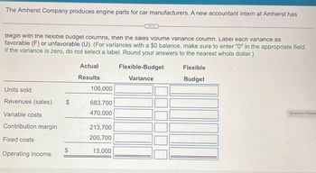 The Amherst Company produces engine parts for car manufacturers. A new accountant intern at Amherst has
Begin with the flexible budget columns, then the sales volume variance column. Label each variance as
favorable (F) or unfavorable (U). (For variances with a $0 balance, make sure to enter "0" in the appropriate field.
If the variance is zero, do not select a label. Round your answers to the nearest whole dollar.)
Actual
Results
Flexible-Budget
Variance
Units sold
106,000
Revenues (sales)
$
683,700
Variable costs
470,000
Contribution margin
213,700
200,700
Fixed costs
$
13,000
Operating income
Flexible
Budget
Question Viewer