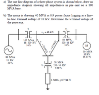 a) The one line diagram of a three phase system is shown below, draw an
impedance diagram showing all impedances in per-unit on a 100
MVA base.
b) The motor is drawing 40 MVA at 0.9 power factor lagging at a line-
to-line terminal voltage of 10 KV. Determine the terminal voltage of
the generator.
= 48.4 2
50 MVA
100 MVA
11/220 KV
220/11 KV
10%
10%
M
50 MVA
10 KV
18.15 %
80 MVA
11 KV
20%
50 MVA
250/10 KV
9.68 %
1.5488 + j0.7744 N
= 58,08 2
= 45.98 2
