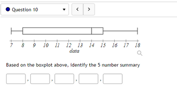 Question 10
Co
O
+
+
+
10 11 12 13 14 15 16 17 18
data
Based on the boxplot above, identify the 5 number summary