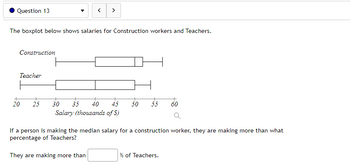 Question 13
The boxplot below shows salaries for Construction workers and Teachers.
Construction
Teacher
+
20 25
30 35 40 45
Salary (thousands of $)
50
55 60
If a person is making the median salary for a construction worker, they are making more than what
percentage of Teachers?
They are making more than
% of Teachers.