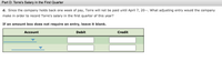 Part D: Torre's Salary in the First Quarter
d. Since the company holds back one week of pay, Torre will not be paid until April 7, 20--. What adjusting entry would the company
make in order to record Torre's salary in the first quarter of this year?
If an amount box does not require an entry, leave it blank.
Account
Debit
Credit
