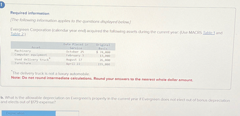 Required information
[The following information applies to the questions displayed below.)
Evergreen Corporation (calendar year-end) acquired the following assets during the current year: (Use MACRS Table 1 and
Table 2)
Machinery
Asset
Computer equipment
Used delivery truck
Furniture
Date Placed in
Service
October 25
February 3
Original
Basis
$ 74,000
13,000
August 17
April 22
26,000
155,000
The delivery truck is not a luxury automobile.
Note: Do not round intermediate calculations. Round your answers to the nearest whole dollar amount.
b. What is the allowable depreciation on Evergreen's property in the current year if Evergreen does not elect out of bonus depreciation
and elects out of §179 expense?
Depreciation