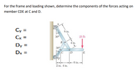 For the frame and loading shown, determine the components of the forces acting on
member CDE at C and D.
Cy =
S in.
Cx =
30
25 lb
B
4 in.
Dy =
30°
Dx =
|E
F
6 in.-
2 in. 4 in.
