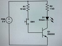 **Title: Basic Transistor Switch Circuit Diagram**

**Introduction:**
This page provides a detailed explanation of a basic transistor switch circuit, ideal for students and enthusiasts learning about electronics.

**Circuit Description:**
The circuit diagram shown represents a simple transistor switch used to control an LED. The components and their values are outlined as follows:

**Components:**
1. **Power Supply Block (PSB):** 5V power source.
2. **Resistor R1:** 10 kΩ resistor connected in series with the base of the transistor.
3. **Resistor R2:** 1 kΩ resistor connected in series with the LED.
4. **SW1:** Switch used to control the base current to the transistor.
5. **D1:** Green LED.
6. **Q1:** NPN transistor (2N2222).

**Circuit Operation:**
1. **Power Source:** The 5V power supply (PSB) provides the necessary voltage to the circuit.
2. **Base Resistor (R1):** When switch SW1 is closed, a voltage is applied to the base of the transistor Q1 through a 10 kΩ resistor (R1). This resistor limits the base current to a safe level to avoid damaging the transistor.
3. **Switch (SW1):** Controls the connection of the base of transistor Q1 to the power supply.
4. **Transistor (Q1):** The 2N2222 NPN transistor acts as a switch. When SW1 is closed, the base current flows through R1 into the base of the transistor, turning it on. This allows current to flow from the collector to the emitter.
5. **Collector Resistor (R2):** The 1 kΩ resistor (R2) in series with the LED (D1) limits the current flowing through the LED.
6. **LED (D1):** The green LED illuminates when current flows through it, indicating that the transistor Q1 is conducting.

**Summary:**
When SW1 is closed, the base current activates transistor Q1, allowing current to flow from the collector to the emitter. This current passes through the 1 kΩ resistor (R2) and the green LED (D1), causing the LED to light up. Thus, this circuit demonstrates the basic operation of a transistor switch, used to control the illumination of an LED.

By understanding this simple configuration, students can grasp the fundamental principles