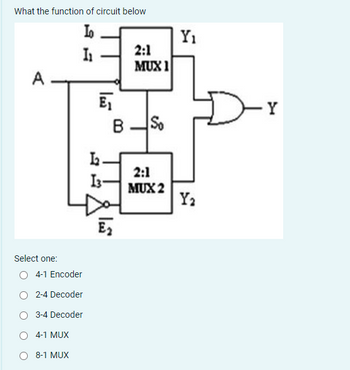 What the function of circuit below
Lo
I₁
Select one:
O 4-1 Encoder
2-4 Decoder
3-4 Decoder
4-1 MUX
8-1 MUX
تها
13
B
2:1
MUX 1
So
Y₁
2:1
MUX 2
Y₂
Y