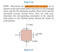 Prob. 9–16
•9-17. Determine the equivalent state of stress on an
element at the same point which represents (a) the principal
stress, and (b) the maximum in-plane shear stress and the
associated average normal stress. Also, for each case,
determine the corresponding orientation of the element
with respect to the element shown. Sketch the results on
each element.
| 75 MPa
125 MPa
*50 MPa
Prob. 9–17
