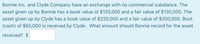 Bonnie Inc. and Clyde Company have an exchange with no commercial substance. The
asset given up by Bonnie has a book value of $120,000 and a fair value of $135,000. The
asset given up by Clyde has a book value of $220,000 and a fair value of $200,000. Boot
(cash) of $65,000 is received by Clyde. What amount should Bonnie record for the asset
received? $
