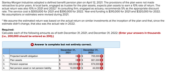 Stanley-Morgan Industries adopted a defined benefit pension plan on April 12, 2021. The provisions of the plan were not made
retroactive to prior years. A local bank, engaged as trustee for the plan assets, expects plan assets to earn a 10% rate of return. The
actual return was also 10% in 2021 and 2022.* A consulting firm, engaged as actuary, recommends 5% as the appropriate discount
rate. The service cost is $300,000 for 2021 and $390,000 for 2022. Year-end funding is $310,000 for 2021 and $320,000 for 2022.
No assumptions or estimates were revised during 2021.
* We assume the estimated return was based on the actual return on similar investments at the inception of the plan and that, since the
estimate didn't change, that also was the actual rate in 2022.
Required:
Calculate each of the following amounts as of both December 31, 2021, and December 31, 2022: (Enter your answers in thousands
(i.e., 200,000 should be entered as 200).)
X Answer is complete but not entirely correct.
December 31,
2021
1. Projected benefit obligation
2.
3.
4.
Plan assets
Pension expense
Net pension asset or net pension liability
$
$
$
$
0X $
0X $
300,000 $
10,000 X $
December 31,
2022
705,000 X
661,000 X
674,000 X
44,000 X