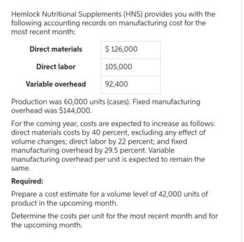 Hemlock Nutritional Supplements (HNS) provides you with the
following accounting records on manufacturing cost for the
most recent month:
Direct materials
Direct labor
Variable overhead
$ 126,000
same.
105,000
92,400
Production was 60,000 units (cases). Fixed manufacturing
overhead was $144,000.
For the coming year, costs are expected to increase as follows:
direct materials costs by 40 percent, excluding any effect of
volume changes; direct labor by 22 percent; and fixed
manufacturing overhead by 29.5 percent. Variable
manufacturing overhead per unit is expected to remain the
Required:
Prepare a cost estimate for a volume level of 42,000 units of
product in the upcoming month.
Determine the costs per unit for the most recent month and for
the upcoming month.