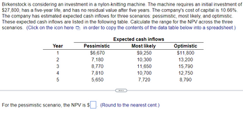 Birkenstock is considering an investment in a nylon-knitting machine. The machine requires an initial investment of
$27,800, has a five-year life, and has no residual value after five years. The company's cost of capital is 10.66%.
The company has estimated expected cash inflows for three scenarios: pessimistic, most likely, and optimistic.
These expected cash inflows are listed in the following table. Calculate the range for the NPV across the three
scenarios. (Click on the icon here in order to copy the contents of the data table below into a spreadsheet.)
Year
1
2
WN
3
4
5
Pessimistic
$6,670
7,180
For the pessimistic scenario, the NPV is $
8,770
7,810
5,650
Expected cash inflows
Most likely
...
$9,250
10,300
11,650
10,700
7,720
(Round to the nearest cent.)
Optimistic
$11,800
13,200
15,790
12,750
8,790