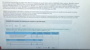 es
W
The following monthly data are taken from Ramirez Company at July 31: Sales salaries, $320,000; Office salaries, $64,000; Federal
income taxes withheld, $96,000; State income taxes withheld, $21,500; Social security taxes withheld, $23,808; Medicare taxes
withheld, $5,568; Medical insurance premiums, $7,500; Life insurance premiums, $4,500; Union dues deducted, $1,500; and Salaries
subject to unemployment taxes, $51,000. The employee pays 40% of medical and life insurance premiums. Assume that FICA taxes
are identical to those on employees and that SUTA taxes are 5.4% and FUTA taxes are 0.6%.
1. & 2. Using the above information, complete the below table and prepare the journal entries to record accrued payroll, including
employee deductions, and cash payment of the net payroll (salaries payable) for July.
3. Using the above information, complete the below table.
4. Record the accrued employer payroll taxes and other related employment expenses and the cash payment of all liabilities related to
the July payroll-assume that FICA taxes are identical to those on employees and that SUTA taxes are 5.4% and FUTA taxes are 0.6%.
Complete this question by entering your answers in the tabs below.
Req 1 and 2
Req 3
Date
Req 4
Using the above information, complete the below table and prepare the journal entries to record accrued payroll, including
employee deductions, and cash payment of the net payroll (salaries payable) for July.
Employee Medical Insurance Payable
Employee Life Insurance Payable
Total
Premium
General Journal
Record journal entry for accrued payroll, including employee deductions, for July.
July 31
Debit
% Paid by
Employees
Credit
< Prev
Premium Paid
by Employees
5 of 6 WE
Premium Paid
by Employer
Next >