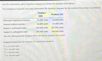 Use this information about Flushing Company to answer the question that follows.
The budgeted production and sales information for Flushing Company for the month of December is as follows:
Product
XXX
Product ZZZ
a. 417,000 units
O b. 414,600 units
Oc. 607,000 units
O d. 431,400 units
31,200 units
Estimated beginning inventory
Desired ending inventory
36,800 units
Region I, anticipated sales
344,000 units
Region II, anticipated sales
195,000 units
The unit selling price for product XXX is $6 and for product ZZZ is $15.
16,800 units
14,400 units
267,000 units
150,000 units
Budgeted production for Product ZZZ during the month is