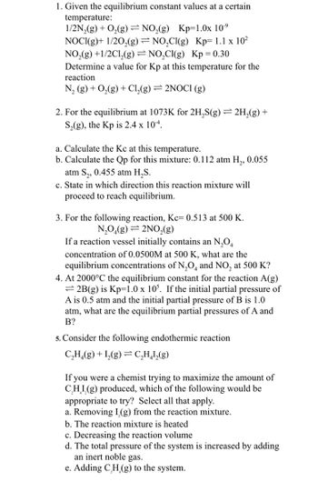 Answered 1. Given the equilibrium constant bartleby