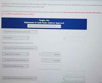 Vaughn, Inc. reported net income of $3.10 million in 2022. Depreciation for the year was $198,400, accounts receivable decrea
$434,000, and accounts payable decreased $347,200.
Compute net cash provided by operating activities using the indirect method. (Show amounts that decrease cash flow with either a
es-15,000 or in parenthesis eg. (15,000).)
Vaughn, Inc.
Statement of Cash Flows-Indirect Approach
For the Year Ended December 31, 2022
Cash Flows from Operating Activities
Net Income
Adjustments to reconcile net income to
Net Cash Provided by Operating Activities
Depreciation Expense
Accounts Receivable Decrease
Accounts Payable Decrease
$
198,400
434,000
$
Net Cash Provided by Operating Activities
$