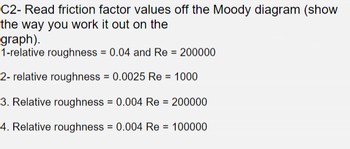 C2- Read friction factor values off the Moody diagram (show
the way you work it out on the
graph).
1-relative roughness = 0.04 and Re = 200000
2- relative roughness=0.0025 Re = 1000
3. Relative roughness = 0.004 Re = 200000
4. Relative roughness = 0.004 Re = 100000