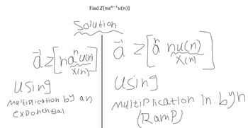 Find Z{nan-¹u(n)}
Solution
dz [ng
hau(n)
x(n)
using
Multiplication by an
exponential
ā za nu(n)
using
xcm
Multiplication in byn
(Ramp)