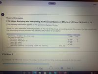 Saved
Help
Required information
E7-8 (Algo) Analyzing and Interpreting the Financial Statement Effects of LIFO and FIFO LO7-2, 7-3
[The following information applies to the questions displayed below.]
Givoly Inc. uses a periodic inventory system. At the end of the annual accounting period, December 31 of the current year,
the accounting records provided the following information for product 2:
Units
Unit Cost
Inventory, December 31, prior year
For the current year:
7,400
$ 12
Purchase, March 5
Purchase, September 19
Sale ($27 each)
Sale ($29 each)
19,400
10
10,400
6.
8,400
16,400
Operating expenses (excluding income tax expense)
$404,000
E7-8 Part 2
2. Compute the difference between the pretax income and the ending inventory amounts for the two cases.
< Pre
4.
of 9
Next >
earch
60°F
