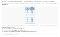 An article in Technometrics by S. C. Narula and J. F. Wellington ["Prediction, Linear Regression, and a Minimum Sum of Relative
Errors" (Vol. 19, 1977)] presents data on the selling price and annual taxes for 24 houses. The data are shown in the following table.
Xis taxes paid.
Taxes
(Local, School),
Price/1000 County)/1000
Sale
25.9
4.9176
29.5
5.0208
27.9
4.5429
25.9
4.5573
29.9
5.0597
29.9
3.8910
30.9
5.8980
28.9
5.6039
35.9
5.8282
31.5
5.3003
31.0
6.2712
30.9
5.9592
(a) Assuming that a simple linear regression model is appropriate, obtain the regression equation applicable and compute for the
coefficient of determination.
(b) Test the significance of the correlation coefficient.
(c) Find the mean selling price given that the taxes paid is 6.111.
(d) Construct a 95% Confidence Interval for the mean selling price computed in (C).
Use the editor to formot your answer
