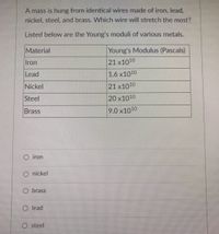 A mass is hung from identical wires made of iron, lead,
nickel, steel, and brass. Which wire will stretch the most?
Listed below are the Young's moduli of various metals.
Material
Young's Modulus (Pascals)
Iron
21 x1010
Lead
1.6 x1010
Nickel
21 x1010
Steel
20 x1010
Brass
9.0 x1010
O iron
O nickel
O brass
O lead
O steel
