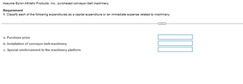Assume Byron Athletic Products, Inc., purchased conveyor-belt machinery.
Requirement
1. Classify each of the following expenditures as a capital expenditure or an immediate expense related to machinery:
a. Purchase price
b. Installation of conveyor-belt machinery
c. Special reinforcement to the machinery platform