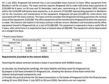 On 1 July 2023, Ringwood Ltd entered into a non-cancellable lease contract to lease office equipment from
Blackburn Ltd for six years. The lease contract requires Ringwood Ltd to make half-yearly lease payments of
$150,000 for 6 years, on 30 June and 31 December, each year, commencing on 31 December 2023. Included
within the $150,000 half-yearly lease payments, is an amount of $20,000 representing payment to Blackburn
Ltd for the insurance and maintenance of the equipment. Ringwood Ltd paid $15,000 for initial direct cost
associated with the lease contract. The lease contract provides that Ringwood Ltd fully guarantees the residual
value of the equipment, $220,000. The office equipment will be transferred to Ringwood Ltd when this payment
is made. The interest rate implicit in the lease contract is 6% per annum. Blackburn Ltd manufactured the office
equipment leased to Ringwood Ltd, at a cost of $1,000,000. The equipment is expected to have a useful life of
7 years, after which time it is expected to have a residual value of $80,000. The equipment will be depreciated
on a straight-line basis.
* Present value factors:
PV of an ordinary annuity of $1
Interest rate
Periods
12
6
6%
8.3838
4.9173
3%
9.9540
5.4172
Interest rate
T
Periods
12
6
PV of $1
6%
0.4970
0.7050
3%
0.7014
0.8375
Requirements (rounded to the nearest dollar):
Assuming the above contract contains a lease in accordance with AASB16 Leases,
a) calculate, by showing the workings, the lease liability and lease asset for Ringwood Ltd;
b) prepare a full lease schedule for Ringwood Ltd., showing the division of the lease rental into
interest and principal components; and
c) Provide the journal entries for the lease transactions in the books of Ringwood Ltd for the financial year
ending 30 June 2024 (from 1 July 2023 to 30 June 2024). Narrations are not required.