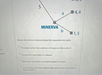 ver
uation
S
*
MINERVA
a
Choose the incorrect statement about this sequential move game.
b
This game has a total number of 4 subgames.
The subgame perfect Nash equilibrium of this game has Albus playing N.
Minerva has a total number of 2 available strategies for this game.
14,4
1,5
In the subgame perfect Nash equilibrium. Albus receives payoff of 2 and Minerva
receives payoff of 1.