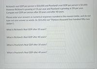 Richland's real GDP per person is $10,000 and Poorland's real GDP per person is $5,000.
However Richland is growing at 1% per year and Poorland is growing at 3% per year.
Compare real GDP per person after 20 years and after 40 years.
Please enter your answers as numerical responses rounded to the nearest dollar, and do not
type out your answer as words. (ie. $13,452 not "Thirteen thousand four hundred fifty-two
dollars").
What is Richland's Real GDP after 20 years?
What is Richland's Real GDP after 40 years?
What is Poorland's Real GDP after 20 years?
What is Poorland's Real GDP after 40 years?
