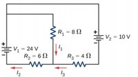 R, = 8 N
V2 = 10 V
:V, = 24 V
R2 = 6 N
R3 = 4 N
12
13
