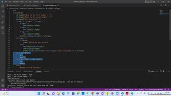 ## Python Script for Basic Arithmetic Operations

This Python script is designed to perform basic arithmetic operations—addition, subtraction, multiplication, and division—on two input numbers. Below is a detailed breakdown of the code structure.

### Code Explanation:

- **Initialization**:
  ```python
  b=0
  while(b!=1):
  ```

  The variable `b` is used as a control for the while loop, which keeps the program running until an exit condition is met.

- **Input Handling**:
  ```python
  d1=(input("What is the first number : "))
  d2=(input("What is the second number : "))
  op=input("What operation: ")
  ```

  The program takes input for two numbers (`d1` and `d2`) and one arithmetic operation (`op`).

- **Condition Checking**:
  ```python
  if op== "done" or op =="DONE":
  ```

  This section checks if the user wants to exit the program.

- **Operations**:
  - **Addition**:
    ```python
    if op=="+":
        ans=int(d1)+int(d2)
        print(str(d1)+op+str(d2)+"="+str(ans))
    ```

  - **Subtraction**:
    ```python
    if op=="-":
        ans=int(d1)-int(d2)
        print(str(d1)+op+str(d2)+"="+str(ans))
    ```

  - **Multiplication**:
    ```python
    if op=="*":
        ans=int(d1)*int(d2)
        print(str(d1)+op+str(d2)+"="+str(ans))
    ```

  - **Division**:
    ```python
    elif op=="/":
        if d2=="0":
            print("Divide by zero error")
        else:
            ans=int(d1)/int(d2)
            rem=int(d1)%int(d2)
            print(str(d1)+op+str(d2)+"="+str(ans)+ " with a remainder of "+str(rem))
    ```

- **Exit Conditions**:
  ```python
  elif op=="DONE" or d2=="DONE":
        b=1
        quit()
  ```

  If the user inputs "DONE", the program will terminate.

- **Error Handling**:
  ```python
  else:
        print("Invalid operand")
  ```

