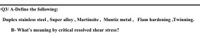 Q3/ A-Define the following:
Duplex stainless steel , Super alloy , Martinsite, Muntiz metal, Flam hardening ,Twinning.
B- What's meaning by critical resolved shear stress?
