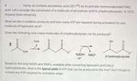 Hemp oil contains eicosenoic acid (20:149) as its primary monounsaturated fatty
acid. Let's consider the conversion of a molecule of eicosenoic acid to B-hydroxybutyrate. 2022,
4.
Arizona State University
What are the f-oxidation products and how many ATP are required during activation for one
molecule of lignoceric acid?
Given the following, how many molecules of 6-hydroxybutyrate can be produced?
COA
OH
COA
NADH
NAD+
B-hydroxybutyrate
H*
Based on the total NADH and FADH, available after converting lignoceric acid into ß
hydroxybutyrate, what is the typical yield of ATP that can be produced in the liver? Don't forget to
include any ATP required for activation steps.
