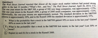 Question 6
The Wall Street Journal reported that almost all the major stock market indexes had posted strong
gains in the last 12 months ("What's Hot...and Not," The Wall Street Journal, April 26, 2014, C3).
The one year return for the S&P 500, a group of 500 very large companies, was approximately +27%.
The one year return in the Russell 2000, a group of 2000 small companies, was approximately +52%.
Historically, the one-year returns are approximately normal. The standard deviation in the S&P500
returns is approximately 20%, and in the Russell 2000 the standard deviation is approximately 35%.
a. What is the probability that a stock in the S&P500 gained 30% or more in the last year? Gained
60% or more in the last year?
b. What is the probability that a stock in the S&P500 lost money in the last year? Lost 30% or
more?
C Repeat (a) and (b) for a stock in the Russell 2000.
