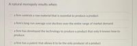 A natural monopoly results when:
a firm controls a raw material that is essential to produce a product
O a firm's long-run average cost declines over the entire range of market demand
O a firm has developed the technology to produce a product that only it knows how to
produce
a firm has a patent that allows it to be the only producer of a product
