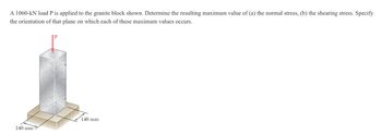 A 1060-kN load P is applied to the granite block shown. Determine the resulting maximum value of (a) the normal stress, (b) the shearing stress. Specify
the orientation of that plane on which each of these maximum values occurs.
140 mm
140 mm
