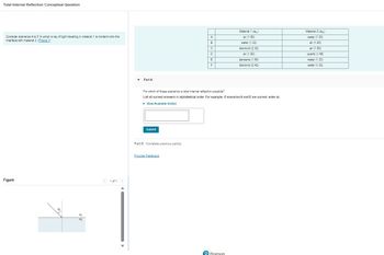 Total Internal Reflection Conceptual Question
Consider scenarios A to F in which a ray of light traveling in material 1 is incident onto the
interface with material 2. (Figure 1)
Figure
N₁
12
< 1 of 1 >
▾ Part A
Submit
Part B Complete previous part(s)
A
B
Provide Feedback
C
D
E
F
For which of these scenarios is total internal reflection possible?
List all correct answers in alphabetical order. For example, if scenarios A and E are correct, enter AE
▸ View Available Hint(s)
Material 1 (1₁)
air (1.00)
water (1.33)
Pearson
diamond (2.42)
air (1.00)
benzene (1.50)
diamond (2.42)
Material 2 (1₂)
water (1.33)
air (1.00)
air (1.00)
quartz (1.46)
water (1.33)
water (1.33)