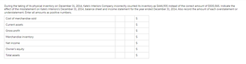 During the taking of its physical inventory on December 31, 2014, Kate's Interiors Company incorrectly counted its inventory as $446,935 instead of the correct amount of $500,565. Indicate the
effect of the misstatement on Kate's Interiors's December 31, 2014, balance sheet and income statement for the year ended December 31, 2014. Also record the amount of each overstatement or
understatement. Enter all amounts as positive numbers.
Cost of merchandise sold
Current assets
Gross profit
Merchandise inventory
Net income
Owner's equity
Total assets
$
$
$
$
$
S
S