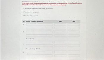 Record the journal entries for the following transactions for Kingbird under the sales method of accounting for by-products
(Credit account titles are automatically indented when the amount is entered. Do not indent manually. If no entry is required, select "No
Entry for the account titles and enter O for the amounts. List all debit entries before credit entries)
1. The completion of all products (main product and by-product)
2. The sale of all the main product
3. The sale of all the by-product
No. Account Titles and Explanation
1.
2.
3.
(To record sales)
(To record cost of goods sold)
Debit
Credit