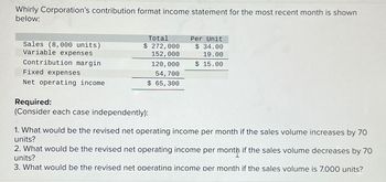 Whirly Corporation's contribution format income statement for the most recent month is shown
below:
Sales (8,000 units)
Variable expenses
Contribution margin
Fixed expenses
Net operating income
Total
$ 272,000
152, 000
120, 000
54,700
$ 65,300
Required:
(Consider each case independently):
Per Unit
$34.00
19.00
$15.00
1. What would be the revised net operating income per month if the sales volume increases by 70
units?
2. What would be the revised net operating income per montii if the sales volume decreases by 70
units?
3. What would be the revised net operating income per month if the sales volume is 7.000 units?