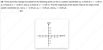 10. Three point-like charges are placed at the following points on the x-y system coordinates (q₁ is fixed
92 is fixed at y = +3.00 m, and q3 is fixed at x = +1.00 m. Find the magnitude of the electric field at
system coordinate
(0). Let q₁
-2.50 µC, 92 = -3.30
N/C
ssf60 ssf60 ssf60 ssf60 ss 50 ssf60 ssio and q3 = +3.60 µC.
ssf60 st
f60 ssf60 ssf60 ssf60 ssf60?
-2
+2
+ +1
O
ssf6
+1
-1
+
-3
f6
08 09 09 098 09
x(m)
at x =
the origin
ssf60°t the
09588 0915 09588 091
-1.00 m,
of the
$60 ssf ssf60 ssf60 ssf60 ssf60 ssf60 ss
sf60 sst
50 ssf60 ssf60 ssf60 ssf60