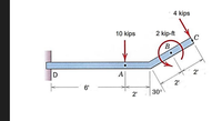 4 kips
10 kips
2 kip-ft
A
2'
2'
6'
2'
30°
