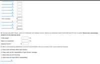 Total Expenses
B. Calculate the profit margin, return on investment, and residual income. Assume an investment base of $100,000 and 6% cost of capital. Round your percentage
answers to one decimal place.
Profit margin
%
Return on investment
%
Residual income
C. Which of the following statements is correct? Uncontrollable costs are included in the income statement because
a. these costs ultimately affect each division.
b. these costs are the responsibility of each division manager.
c. these costs are non-recurring.
d. these costs are head office's responsibility.
