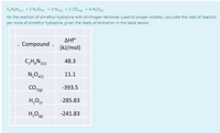 C;HạN2(6) + 2 N204) - 3 N2ig) + 2 CO2(g) + 4 H20(g)
for the reaction of dimethyl hydrazine with dinitrogen tetroxide (used to propel rockets), calculate the heat of reaction
per mole of dimethyl hydrazine, given the heats of formation in the table below:
AHFº
Compound .
(kJ/mol)
C,H,N1s)
48.3
11.1
CO218)
-393.5
H,Om
-285.83
-241.83
